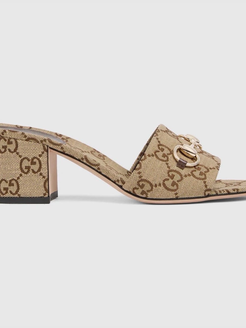 Gucci Tan GG Canvas Horsebit Slide Sandals with Gold Hardware - Picture 1 of 9